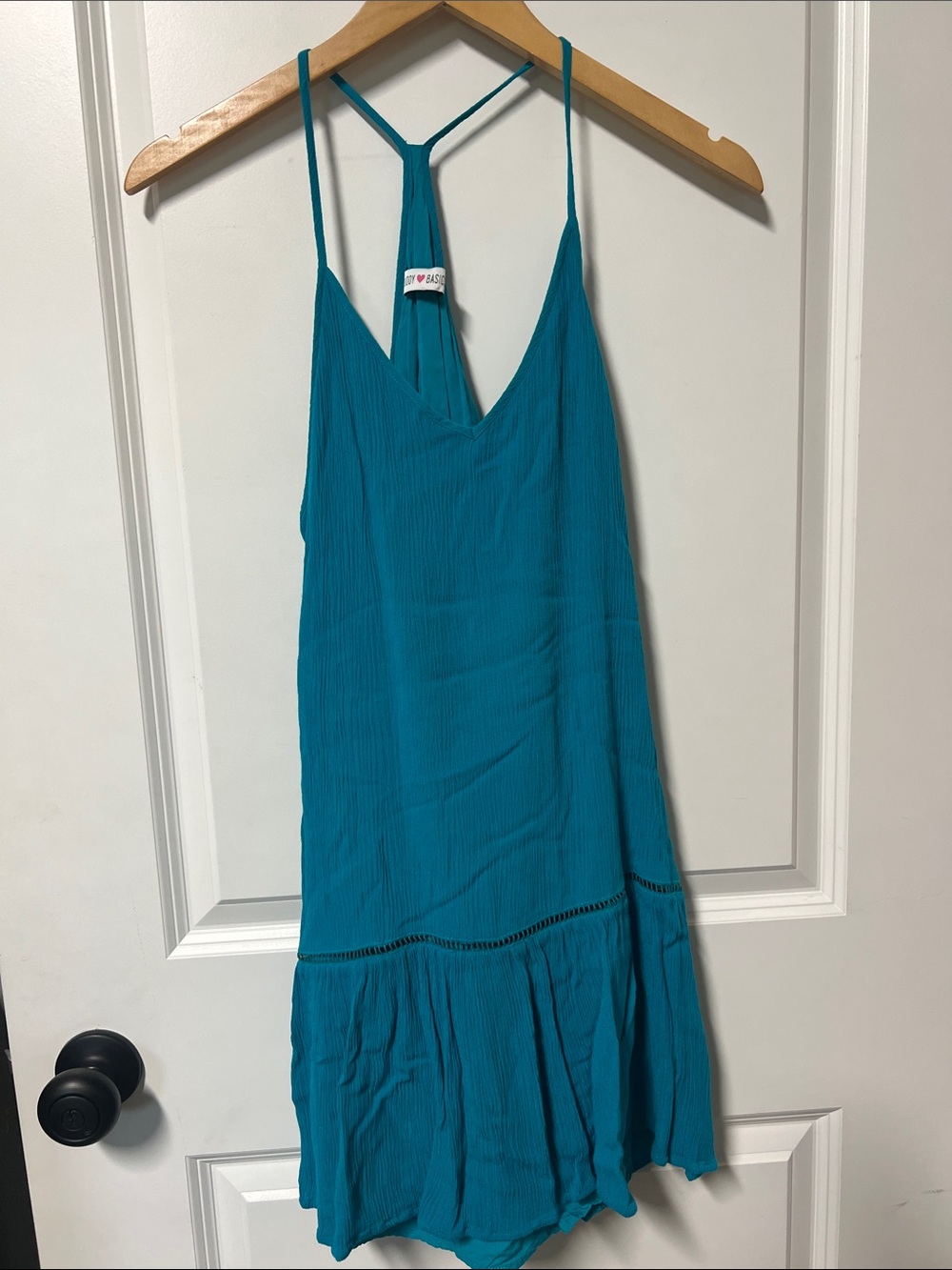 Buddy Basics Mini Dress, Spaghetti Straps, T Back, Lined, Large, Lined, Teal